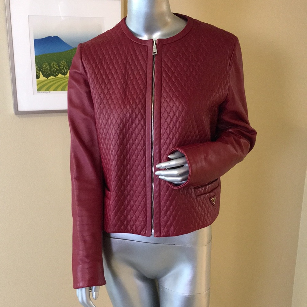 PRADA | Lamb Skin Quilted Leather Moto Jacket Collarless